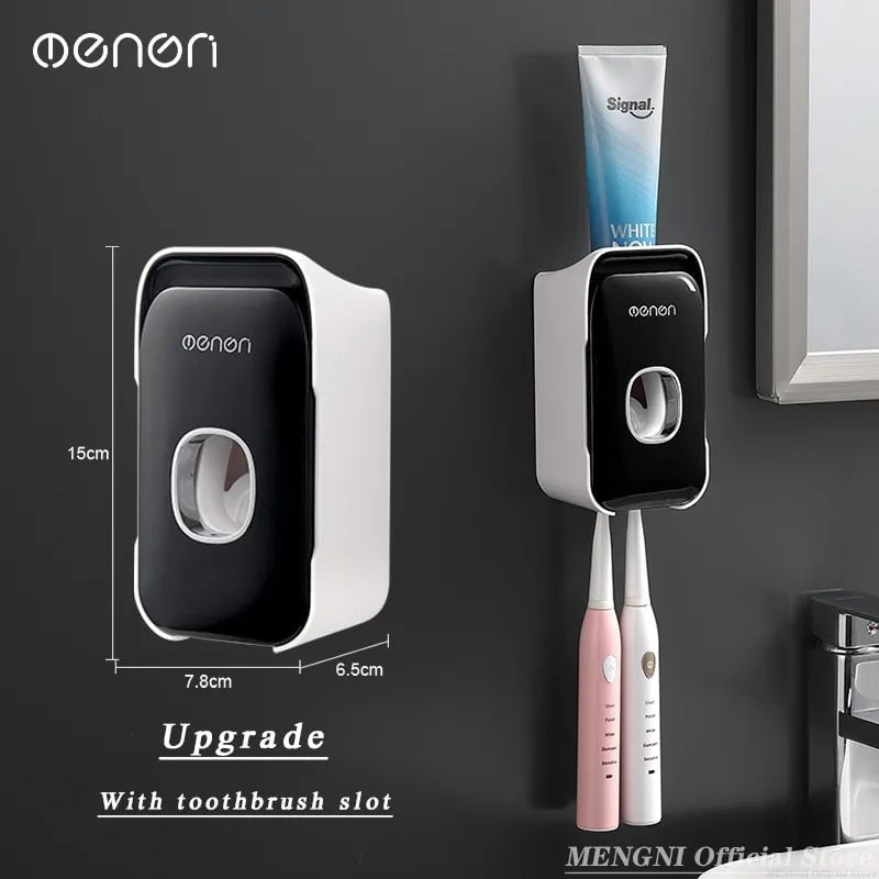 MENGNI Automatic Toothpaste Dispenser with Toothbrush Holder - Wall Mounted Bathroom Accessories Set Black