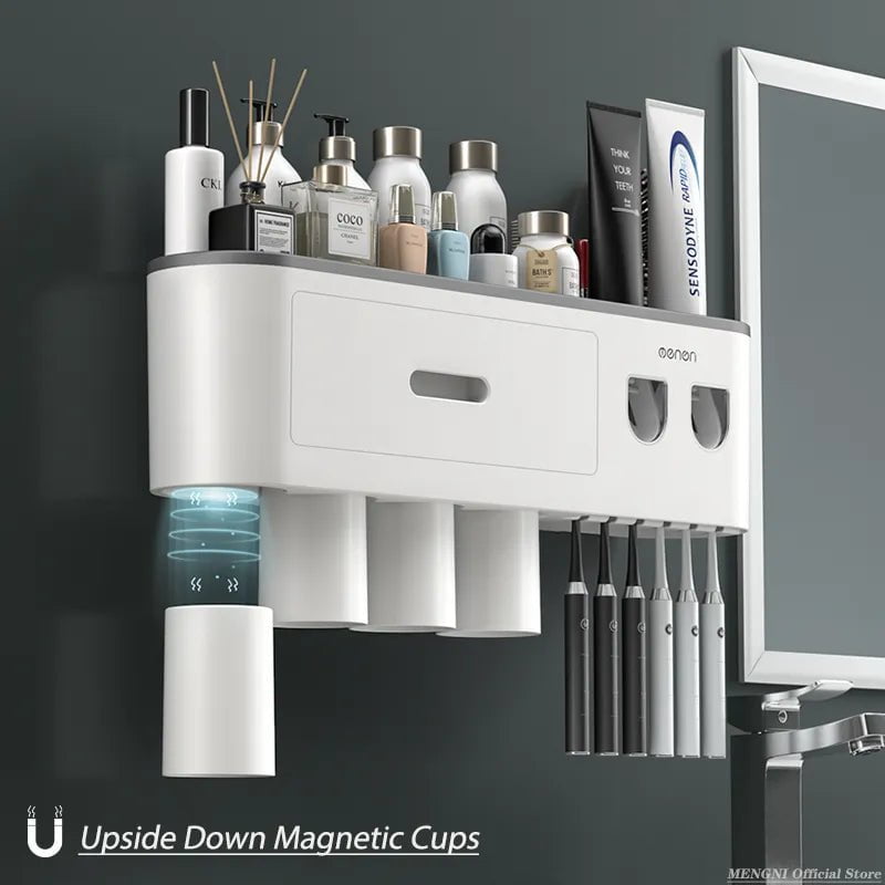 MENGNI Magnetic Adsorption Toothbrush Holder Wall - Automatic Toothpaste Squeezer, Storage Rack Bathroom Accessories