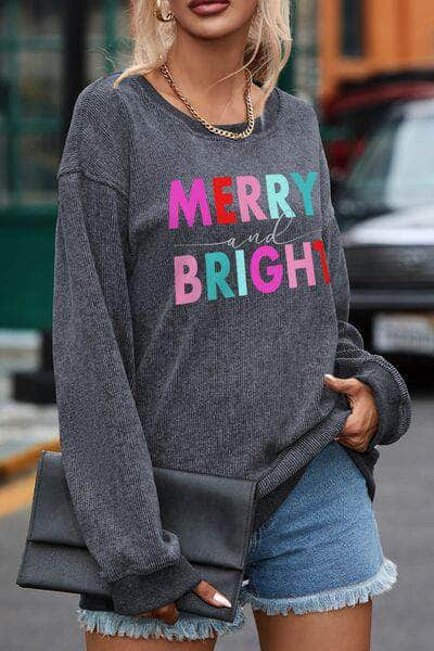 MERRY AND BRIGHT Round Neck Long Sleeve Sweatshirt Charcoal / S