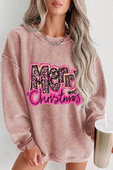 MERRY CHRISTMAS Round Neck Long Sleeve Sweatshirt Blush Pink / S