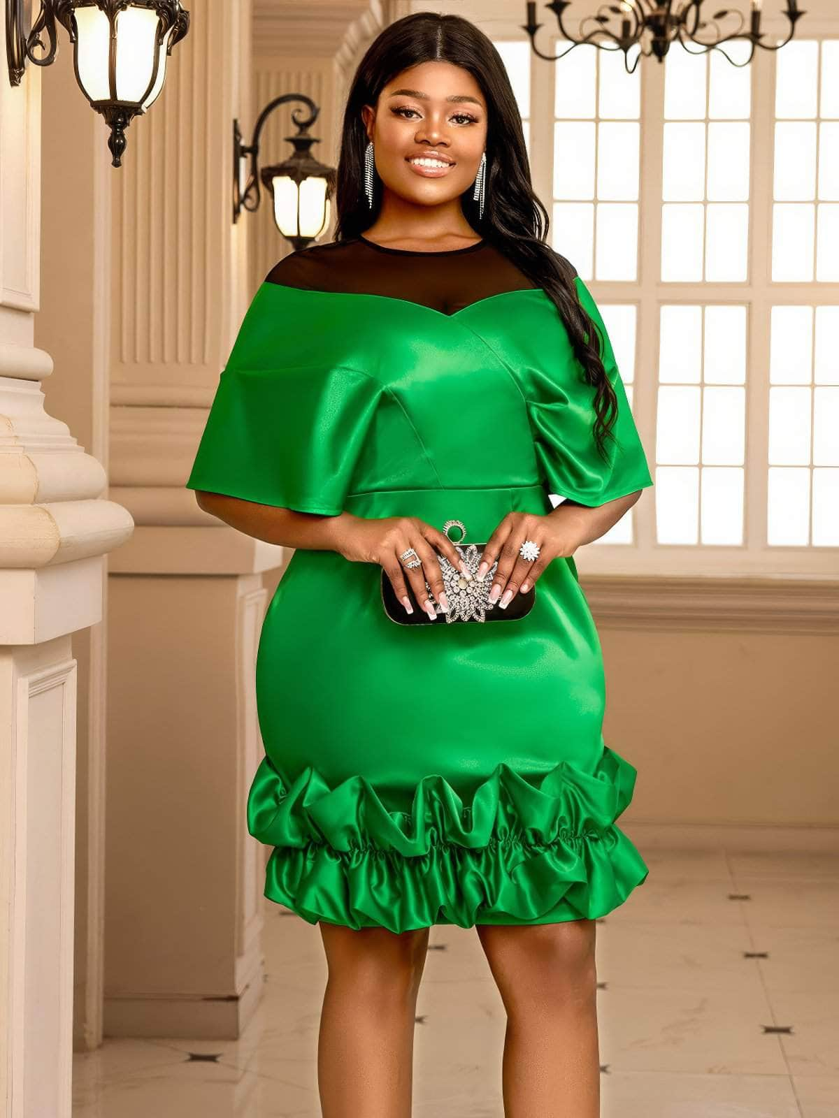 Mesh Accented Off Shoulder Satin Ruched Hem Midi Dress US 4-6 / Green