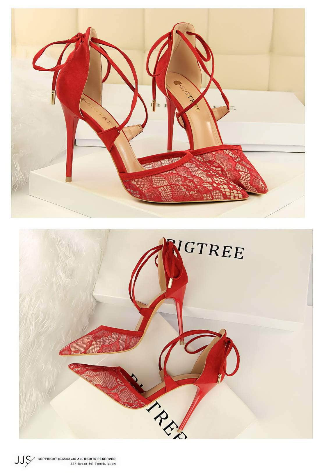 Mesh Detailed Ankle Strap Pointy Toe Heels