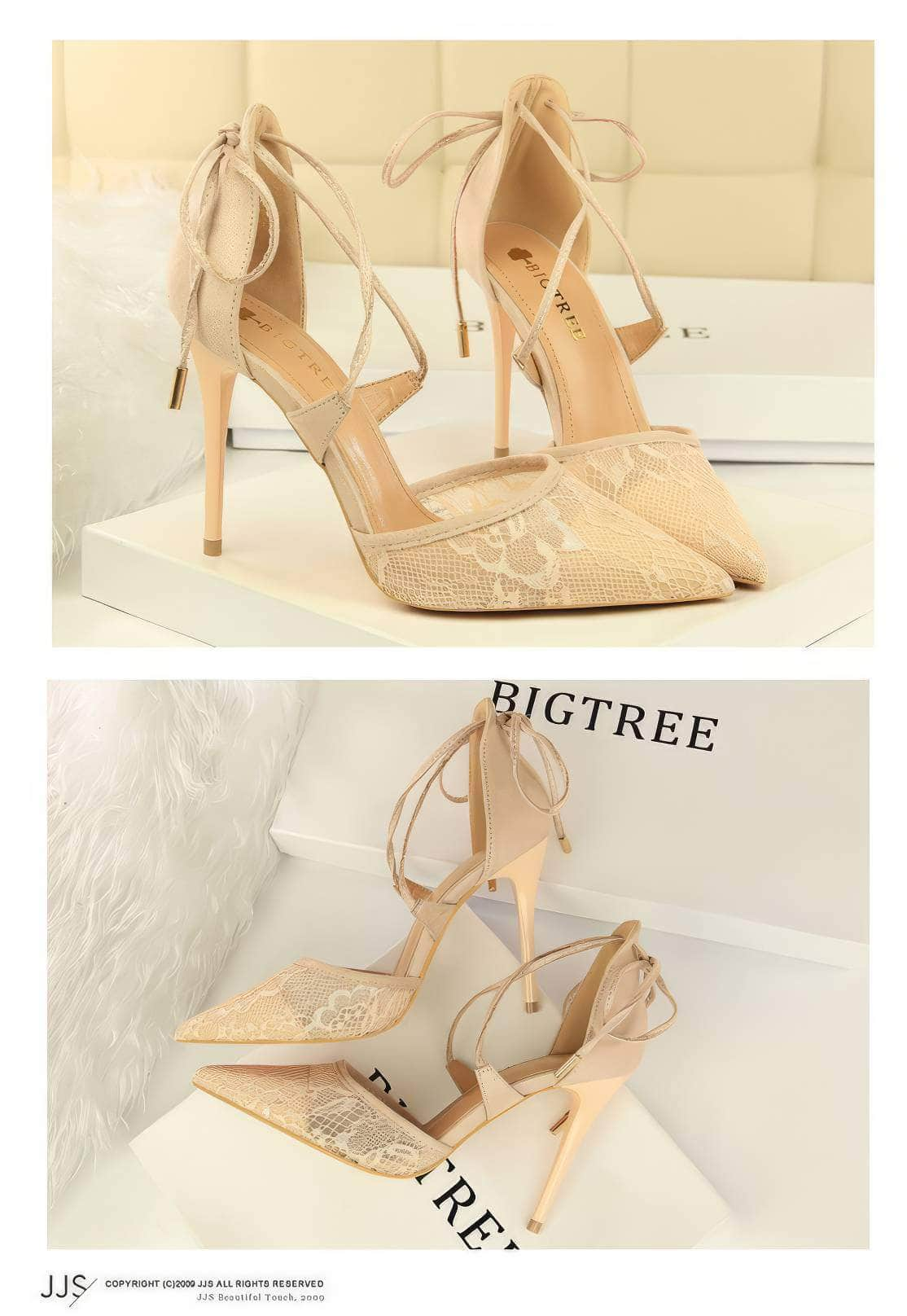 Mesh Detailed Ankle Strap Pointy Toe Heels