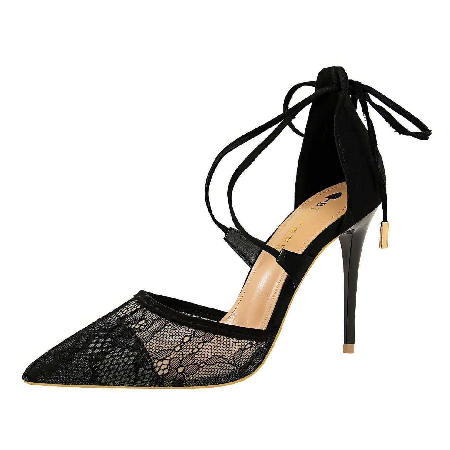 Mesh Detailed Ankle Strap Pointy Toe Heels