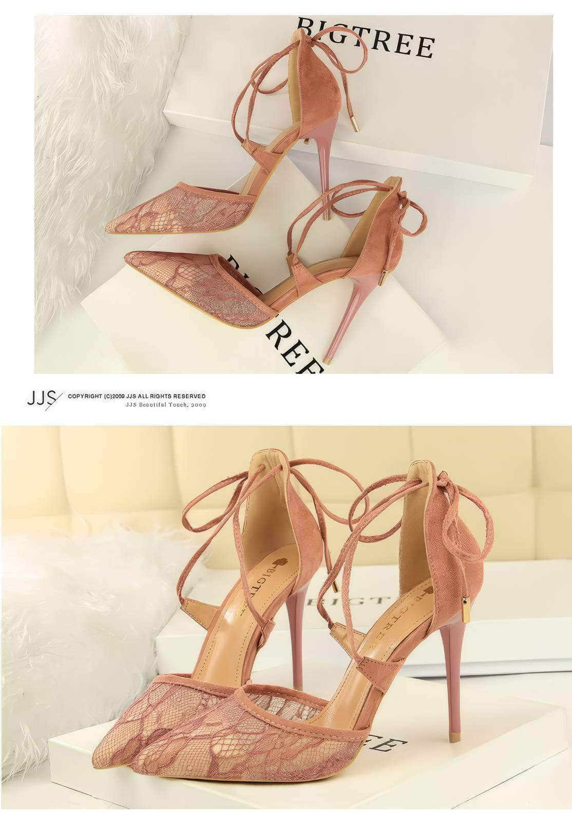 Mesh Detailed Ankle Strap Pointy Toe Heels