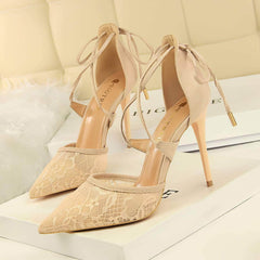 Mesh Detailed Ankle Strap Pointy Toe Heels EU 33 / PeachPuff / 10CM