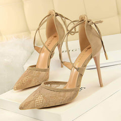 Mesh Detailed Ankle Strap Pointy Toe Heels EU 33 / Tan / 10CM