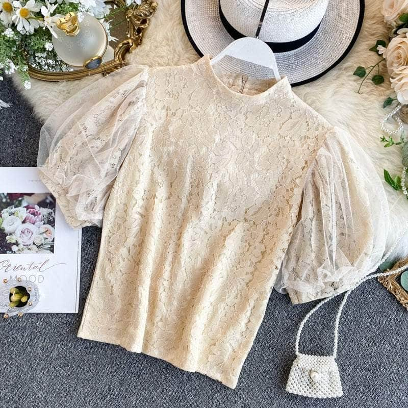 Mesh Detailed Sleeves Lace Blouse