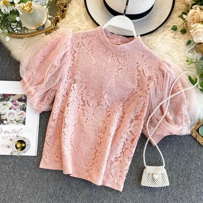 Mesh Detailed Sleeves Lace Blouse MAX SIZE / Pink