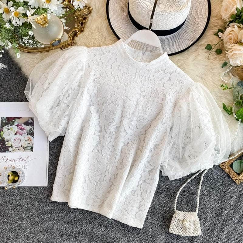 Mesh Detailed Sleeves Lace Blouse MAX SIZE / White