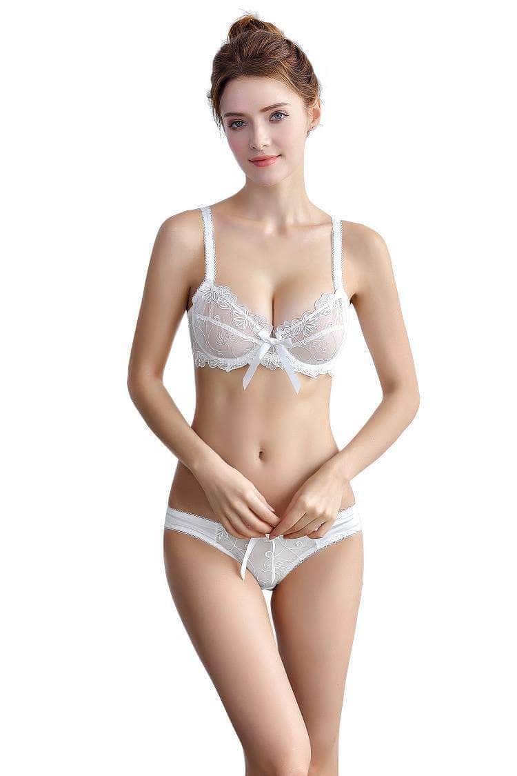 Mesh Floral Embroidered Bow Detailed Bra Panty Set