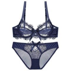 Mesh Floral Embroidered Bow Detailed Bra Panty Set