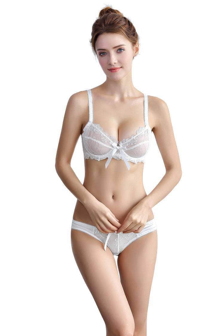 Mesh Floral Embroidered Bow Detailed Bra Panty Set
