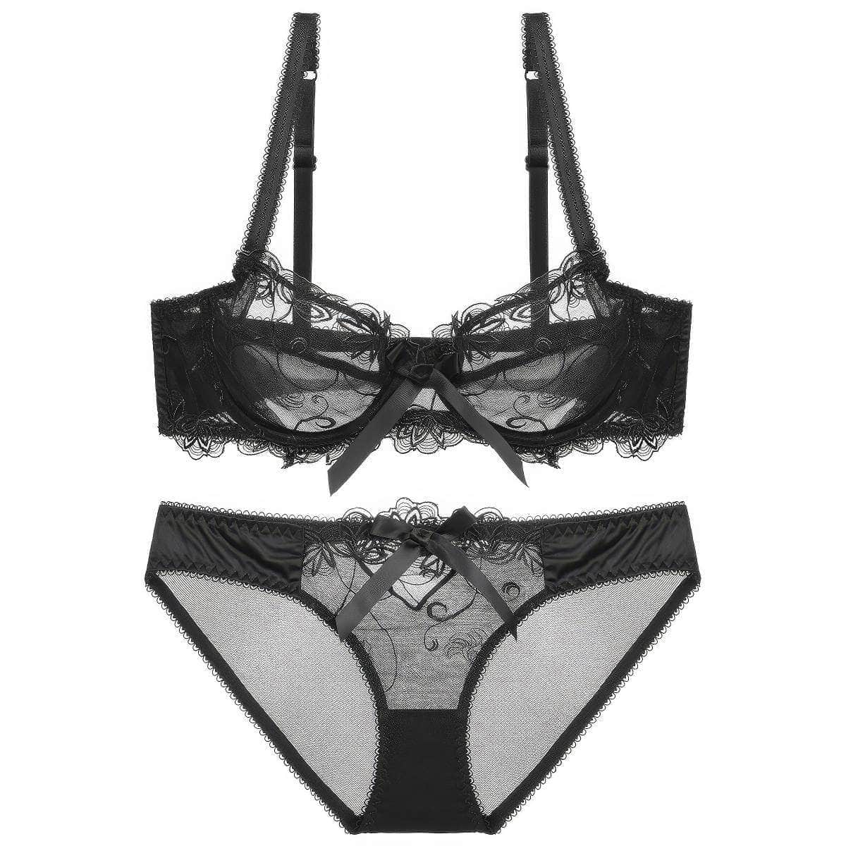 Mesh Floral Embroidered Bow Detailed Bra Panty Set 70A / Black