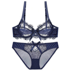 Mesh Floral Embroidered Bow Detailed Bra Panty Set 70A / Blue