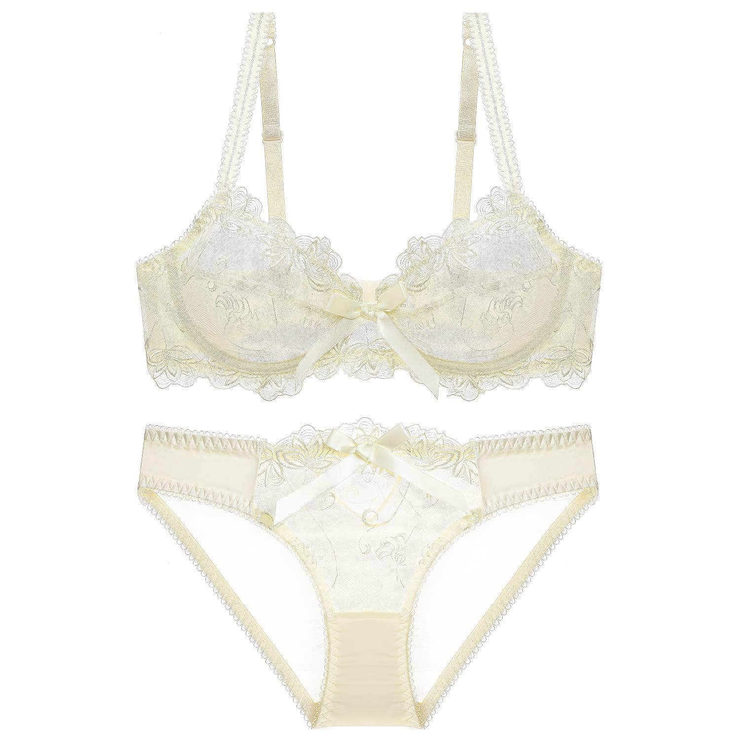 Mesh Floral Embroidered Bow Detailed Bra Panty Set 70A / Ivory