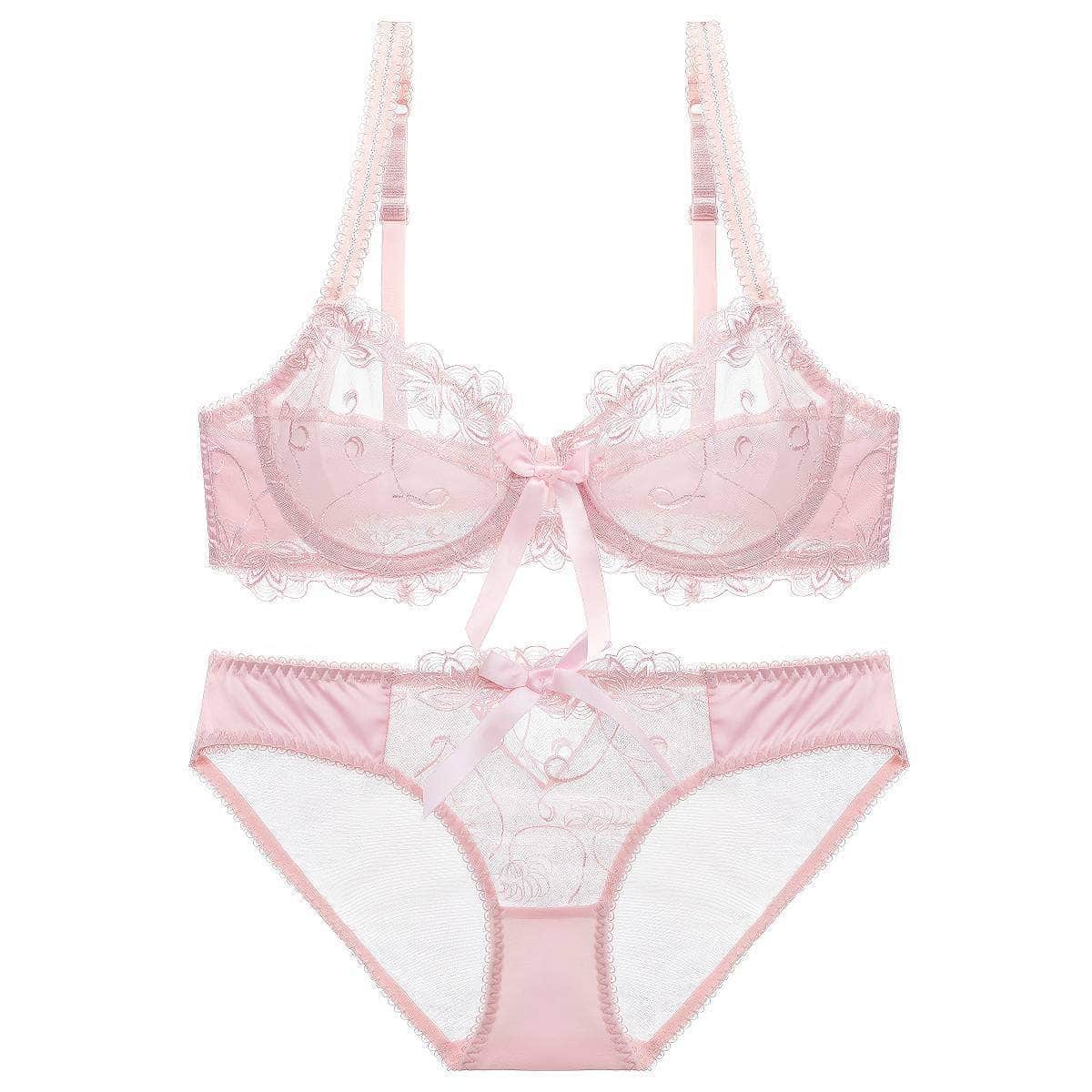 Mesh Floral Embroidered Bow Detailed Bra Panty Set 70A / Pink