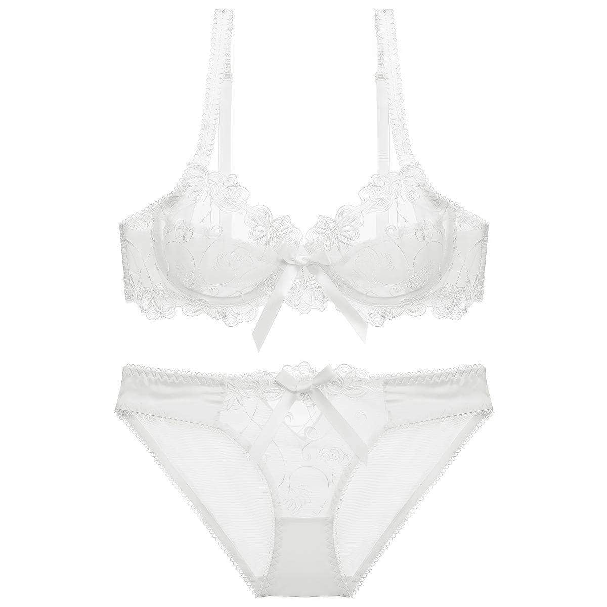 Mesh Floral Embroidered Bow Detailed Bra Panty Set 70A / White