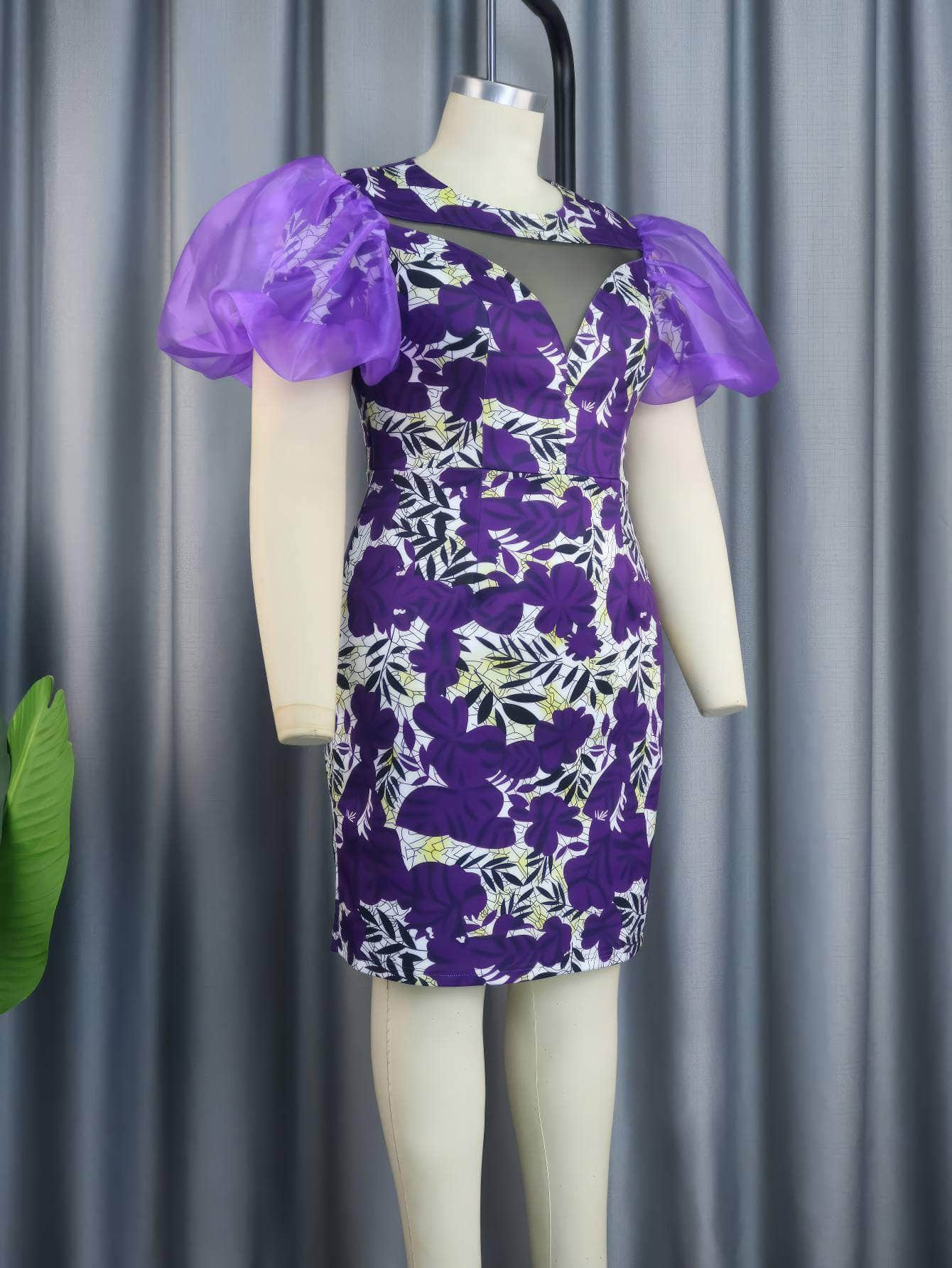 Mesh Lantern Sleeves Floral Mini Slimfit Dress