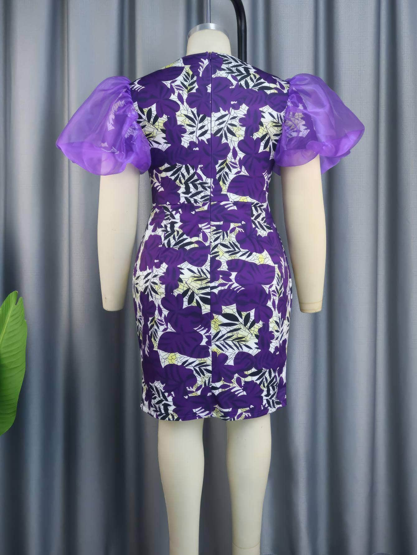 Mesh Lantern Sleeves Floral Mini Slimfit Dress