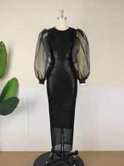 Mesh Lantern Sleeves Sequin Slimfit Dress