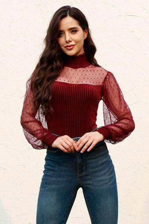 Mesh Long Sleeve Velvet Bodysuit Wine / S