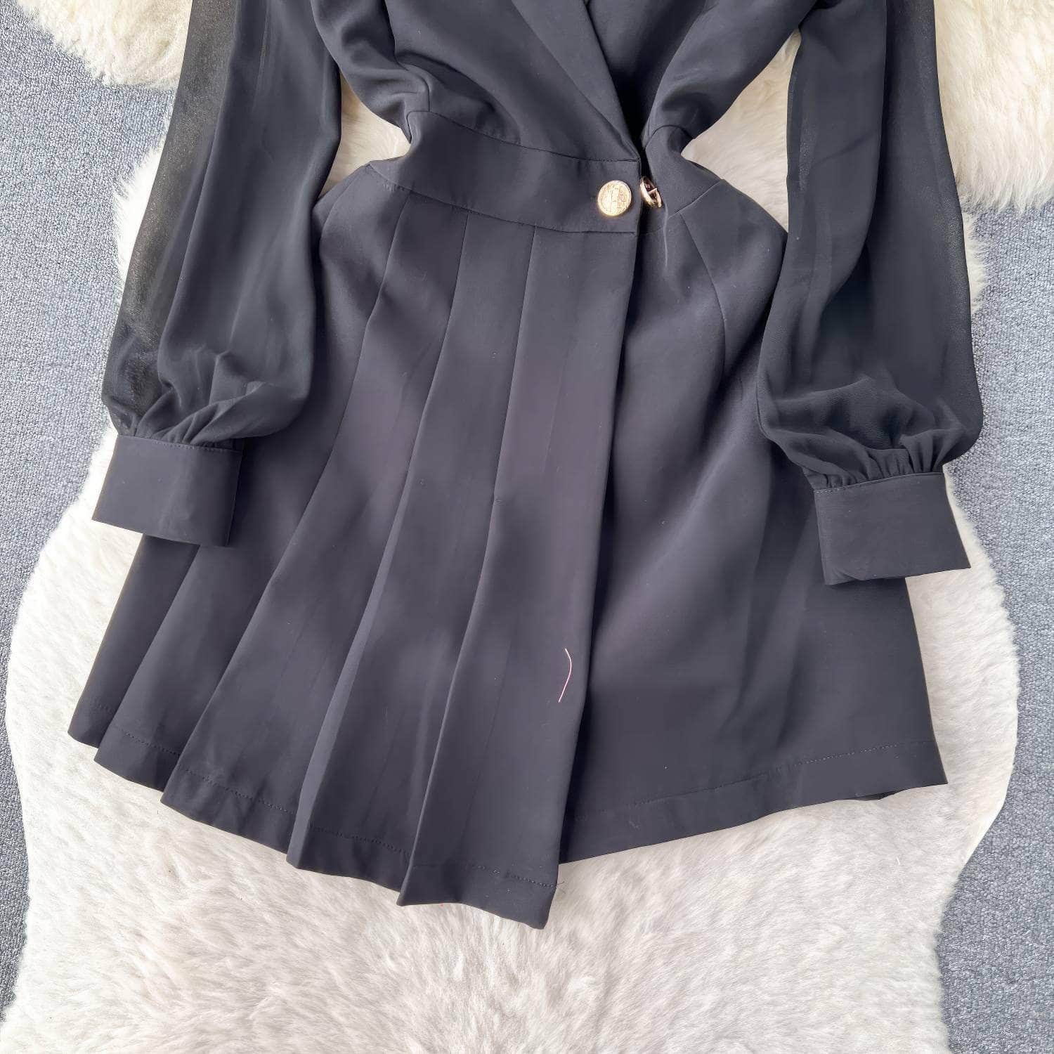 Mesh Long Sleeves Pleated Hem Blazer Dress