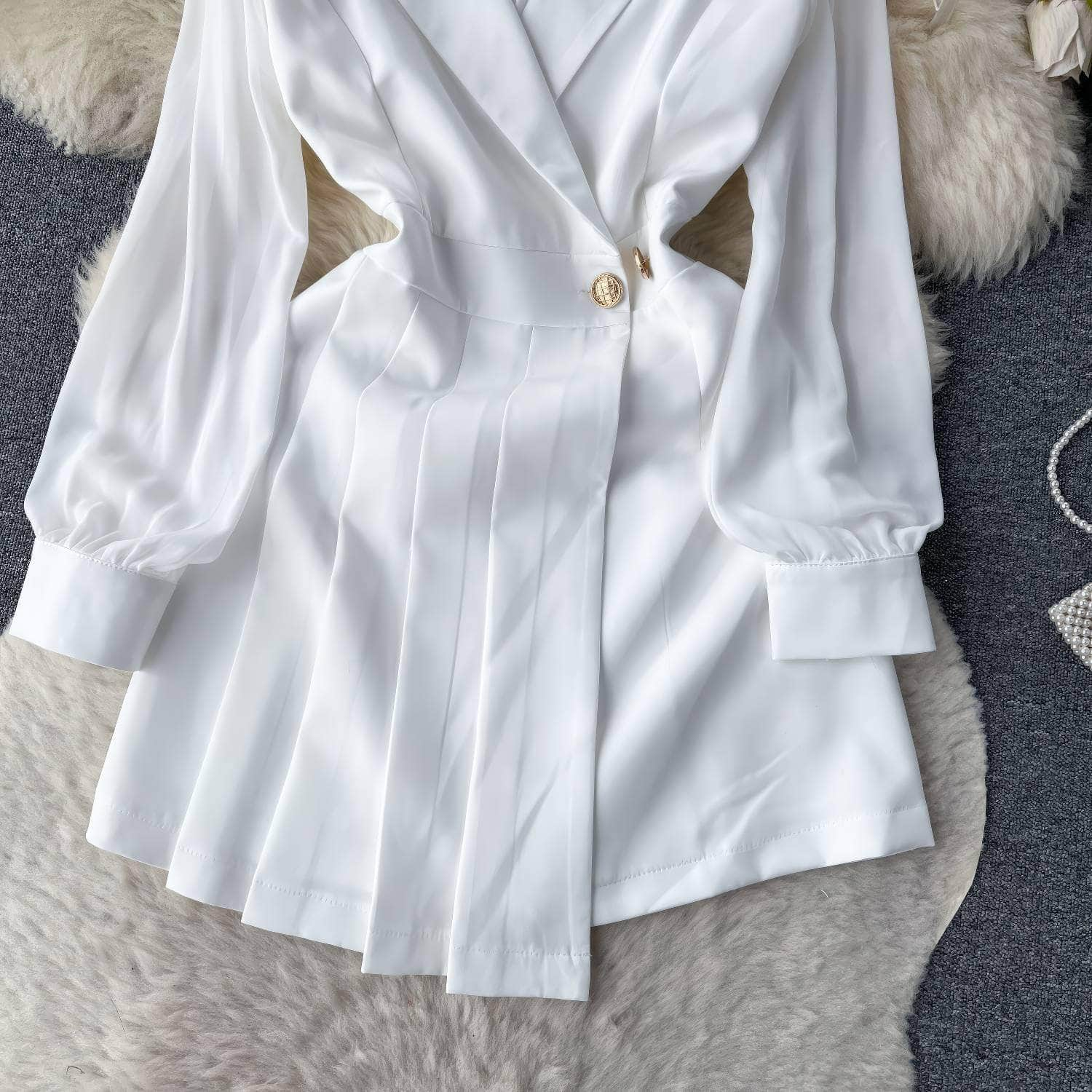 Mesh Long Sleeves Pleated Hem Blazer Dress