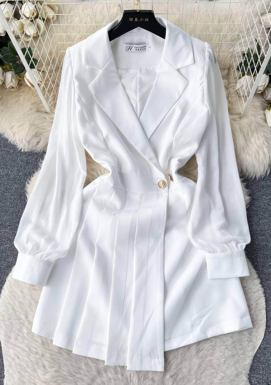 Mesh Long Sleeves Pleated Hem Blazer Dress S / White