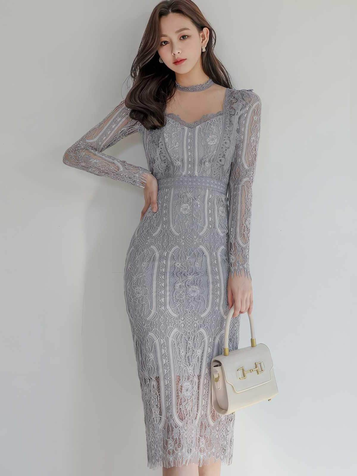 Mesh Neckline Crochet Lace Fringe Dress S / LightGray