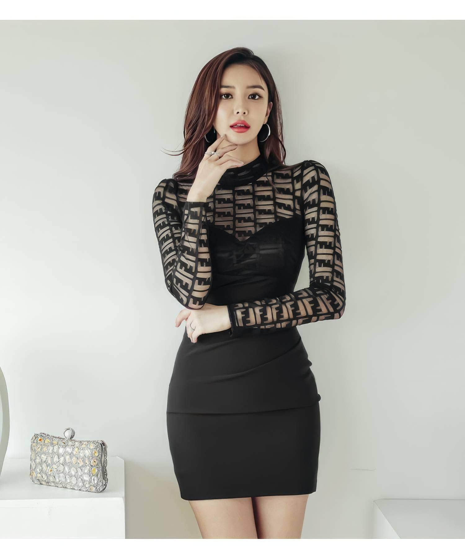 Mesh Panel Long Sleeves Slimfit Mini Dress