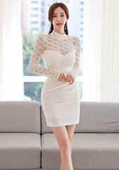 Mesh Panel Long Sleeves Slimfit Mini Dress S / White