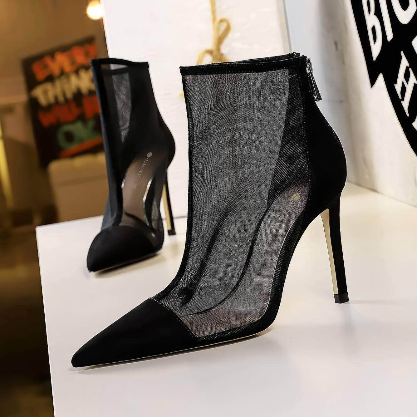 Mesh Pointy Toe Ankle Boots Stiletto Heels