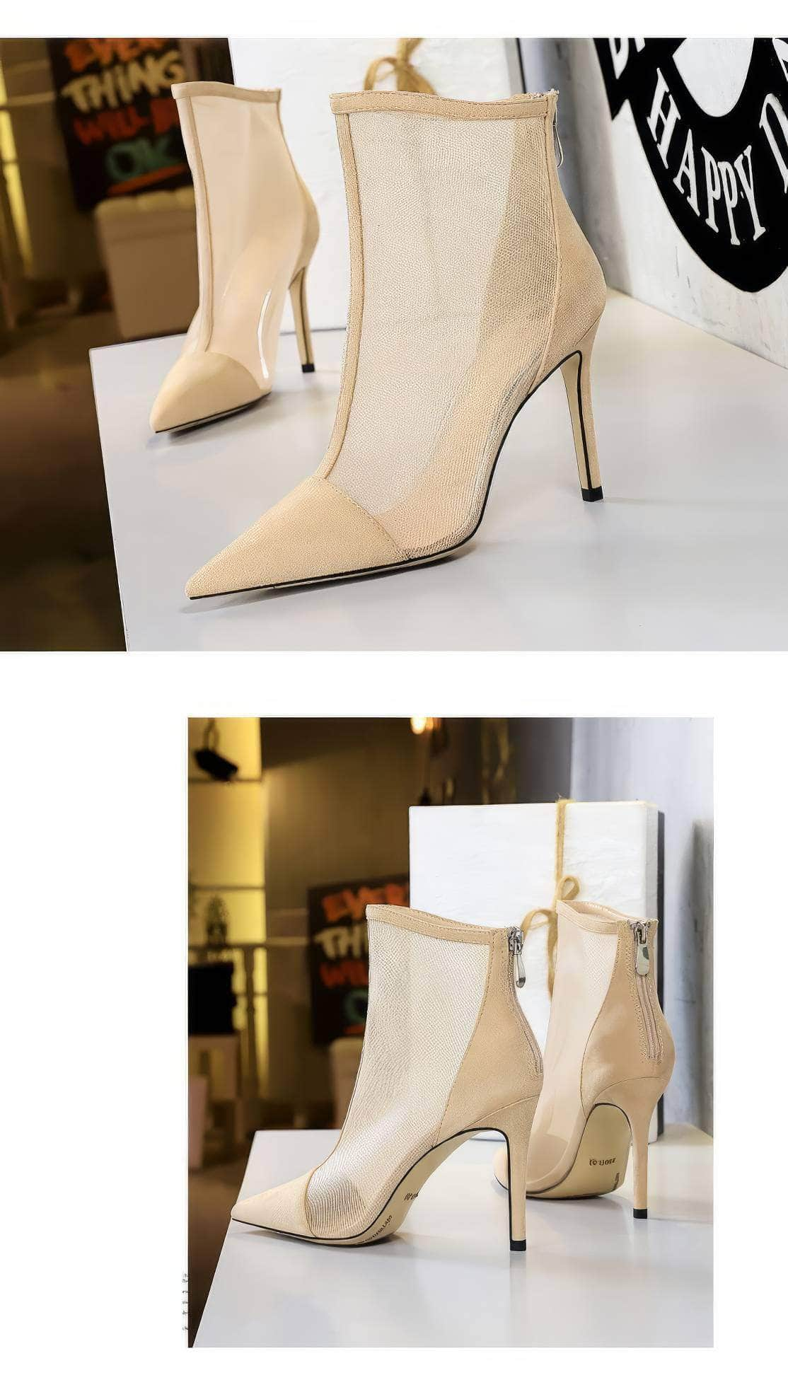 Mesh Pointy Toe Ankle Boots Stiletto Heels