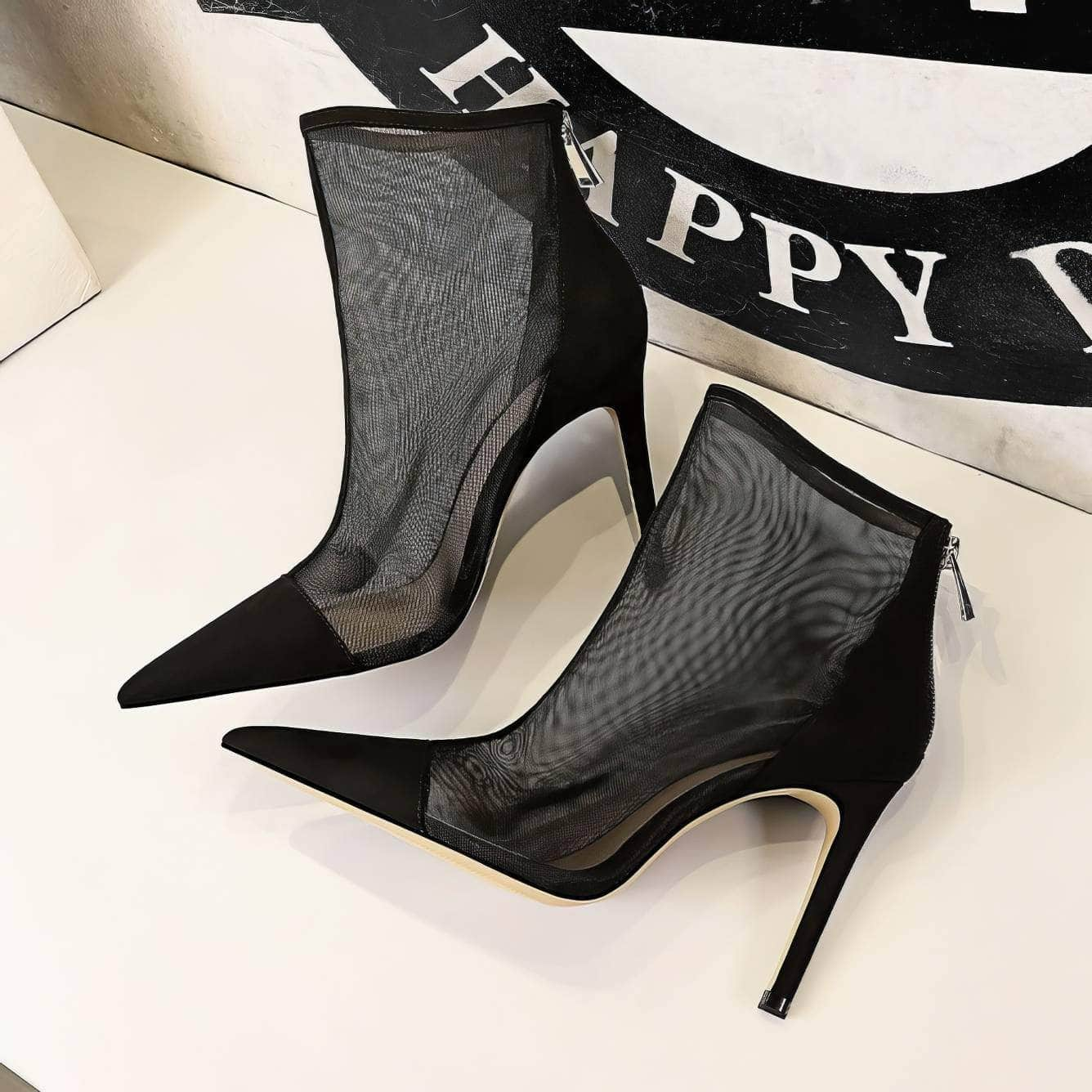 Mesh Pointy Toe Ankle Boots Stiletto Heels