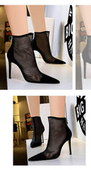 Mesh Pointy Toe Ankle Boots Stiletto Heels