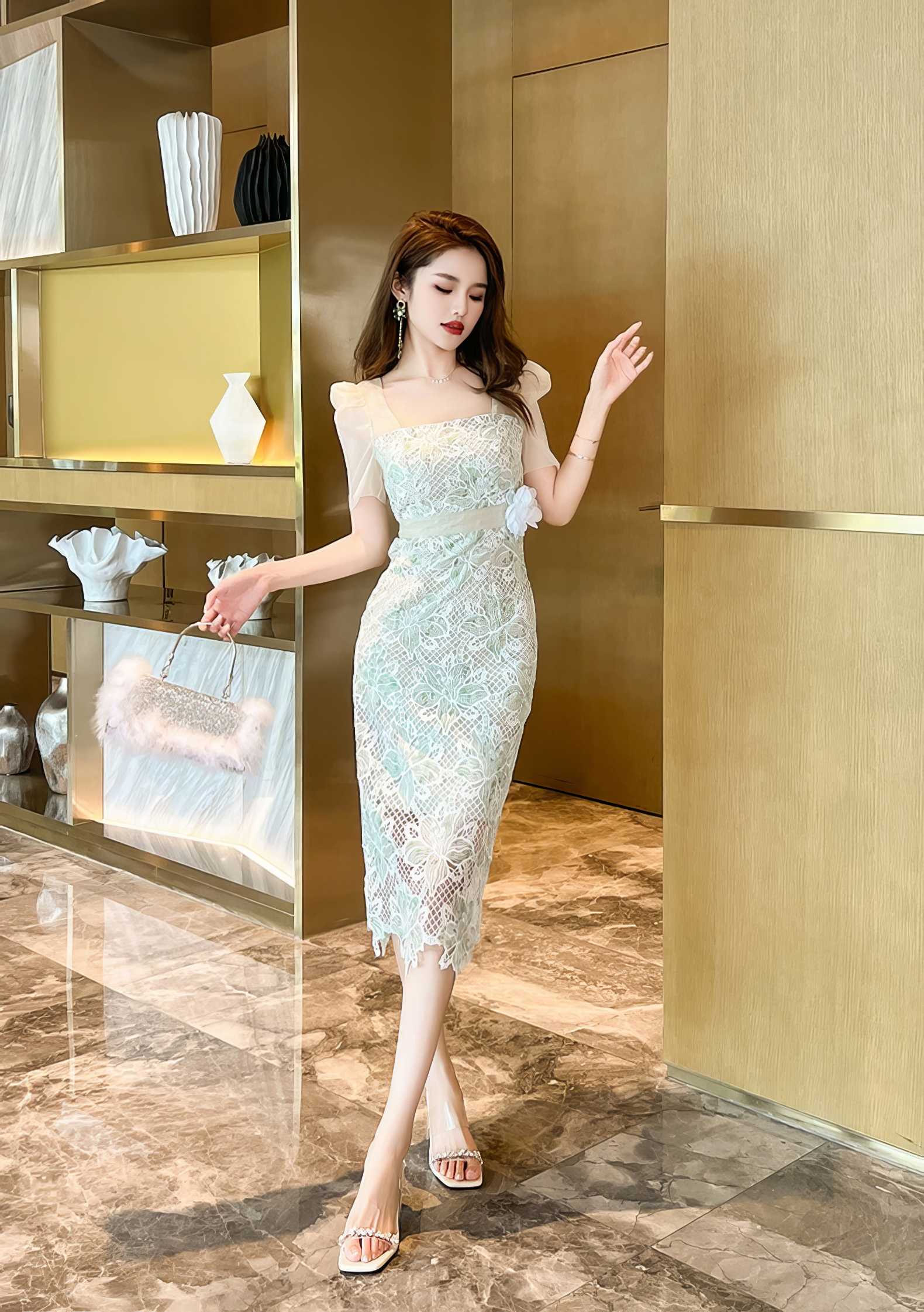 Mesh Puff Sleeve Lace Bodycon Dress