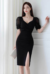 Mesh Puff Sleeves Slim-Fit Front Slit Dress