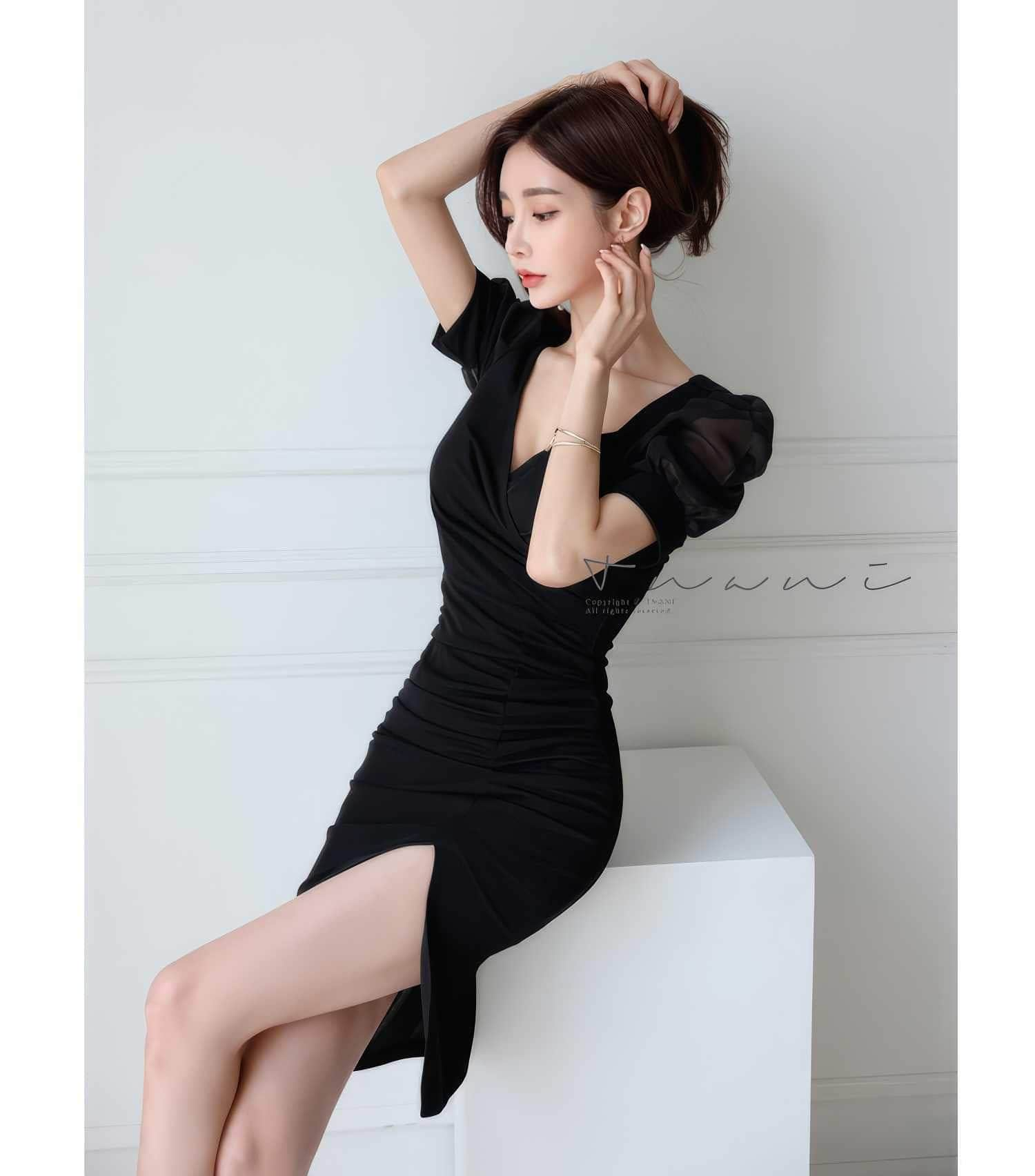 Mesh Puff Sleeves Slim-Fit Front Slit Dress