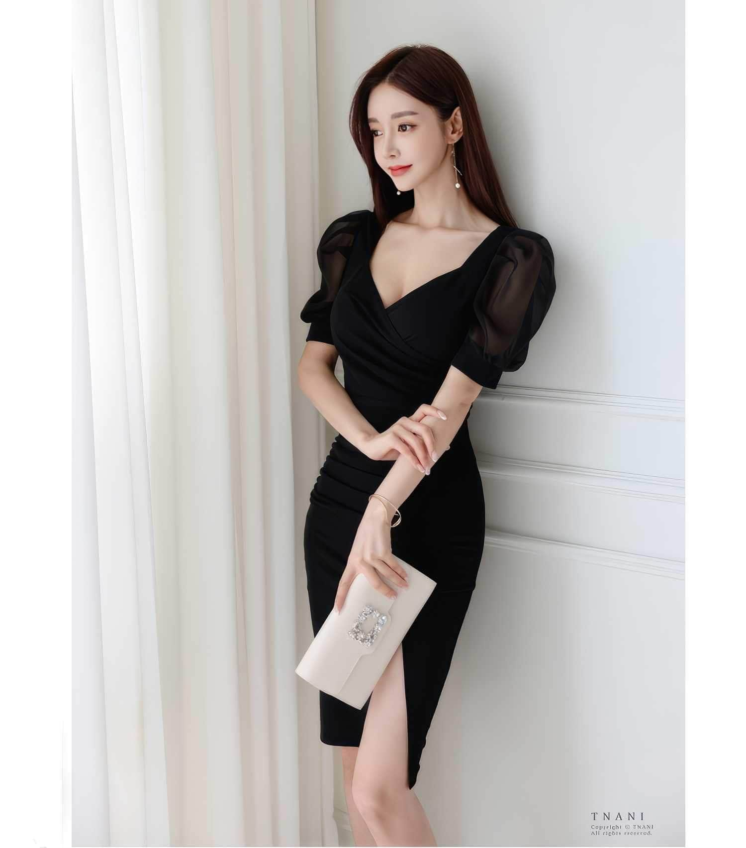 Mesh Puff Sleeves Slim-Fit Front Slit Dress