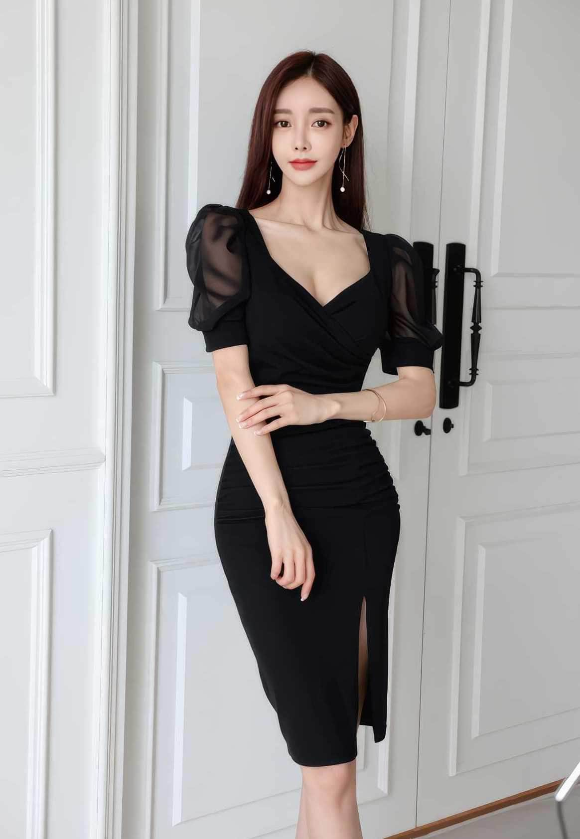 Mesh Puff Sleeves Slim-Fit Front Slit Dress