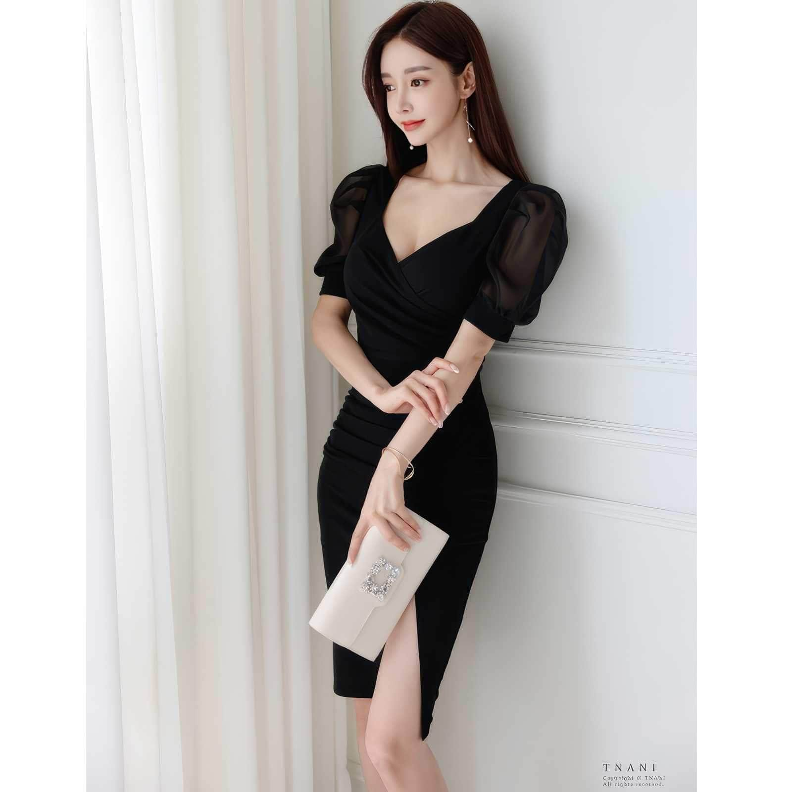 Mesh Puff Sleeves Slim-Fit Front Slit Dress