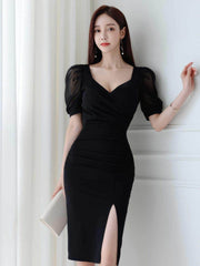 Mesh Puff Sleeves Slim-Fit Front Slit Dress S / Black