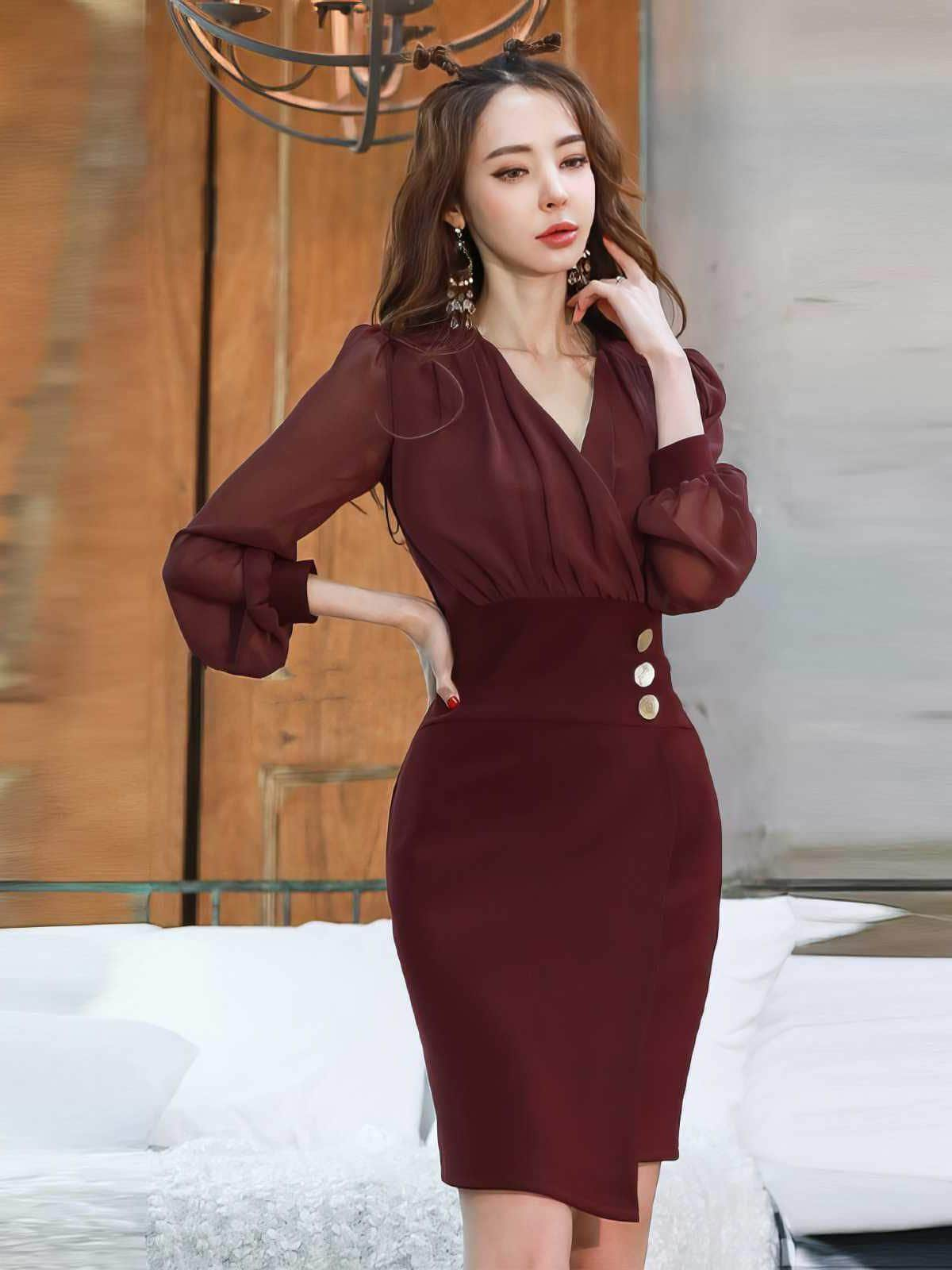 Mesh Puff Sleeves V-Neck Sheath Dress