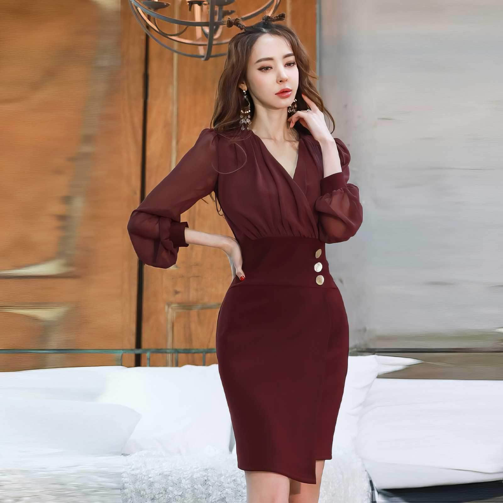 Mesh Puff Sleeves V-Neck Sheath Dress