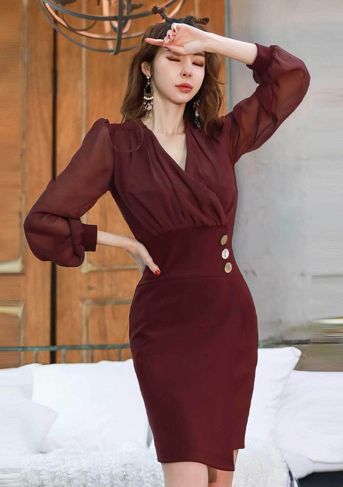 Mesh Puff Sleeves V-Neck Sheath Dress S / Maroon