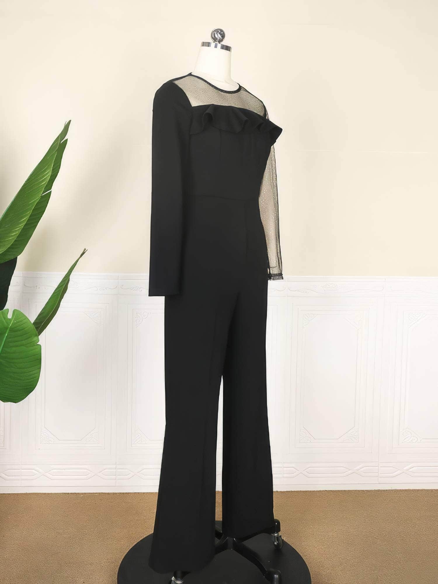 Mesh Ruffled Detail Flare Jumpsuit