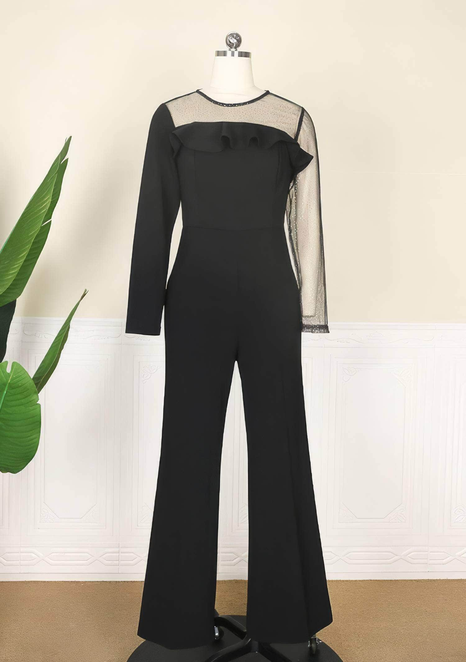 Mesh Ruffled Detail Flare Jumpsuit