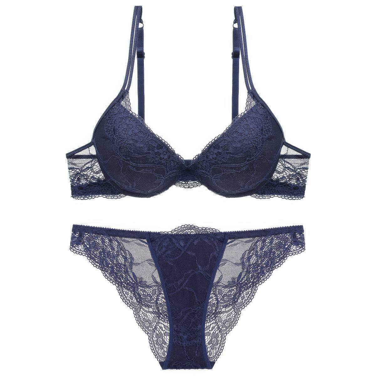 Mesh Scalloped Lace Detailed Double Strap Panty Set 70A / Blue