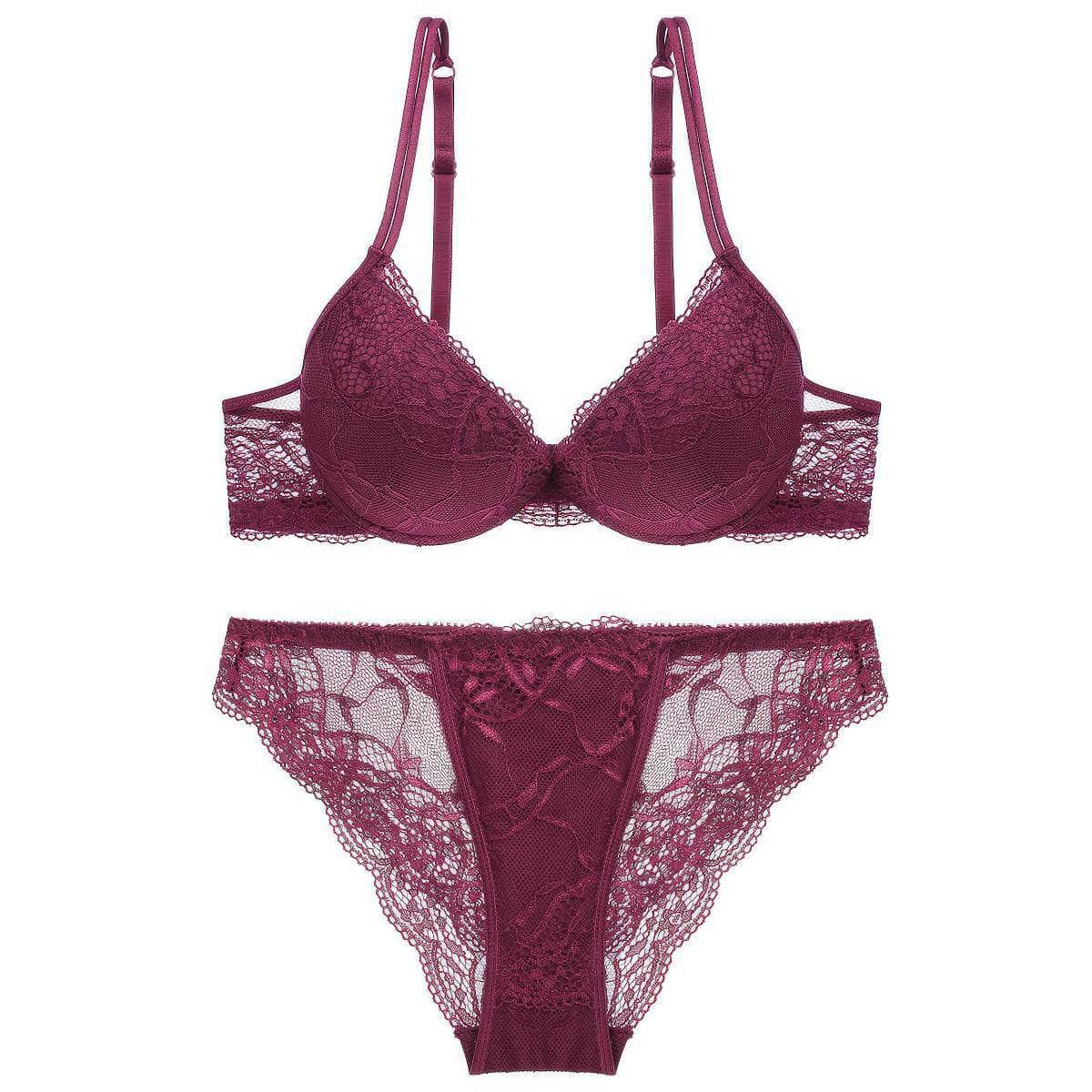Mesh Scalloped Lace Detailed Double Strap Panty Set 70A / MediumVioletRed
